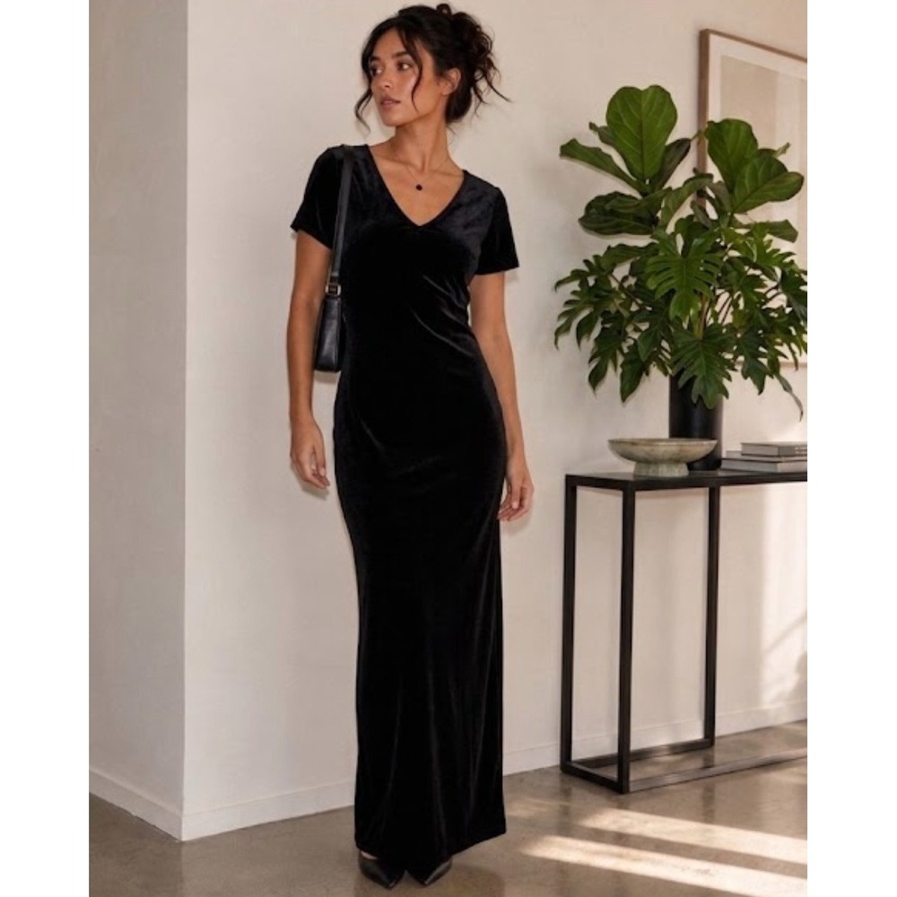 Express Tricot VTG 90s Maxi Dress Black Velvet 11/12 Short Sleeve Whimsigoth